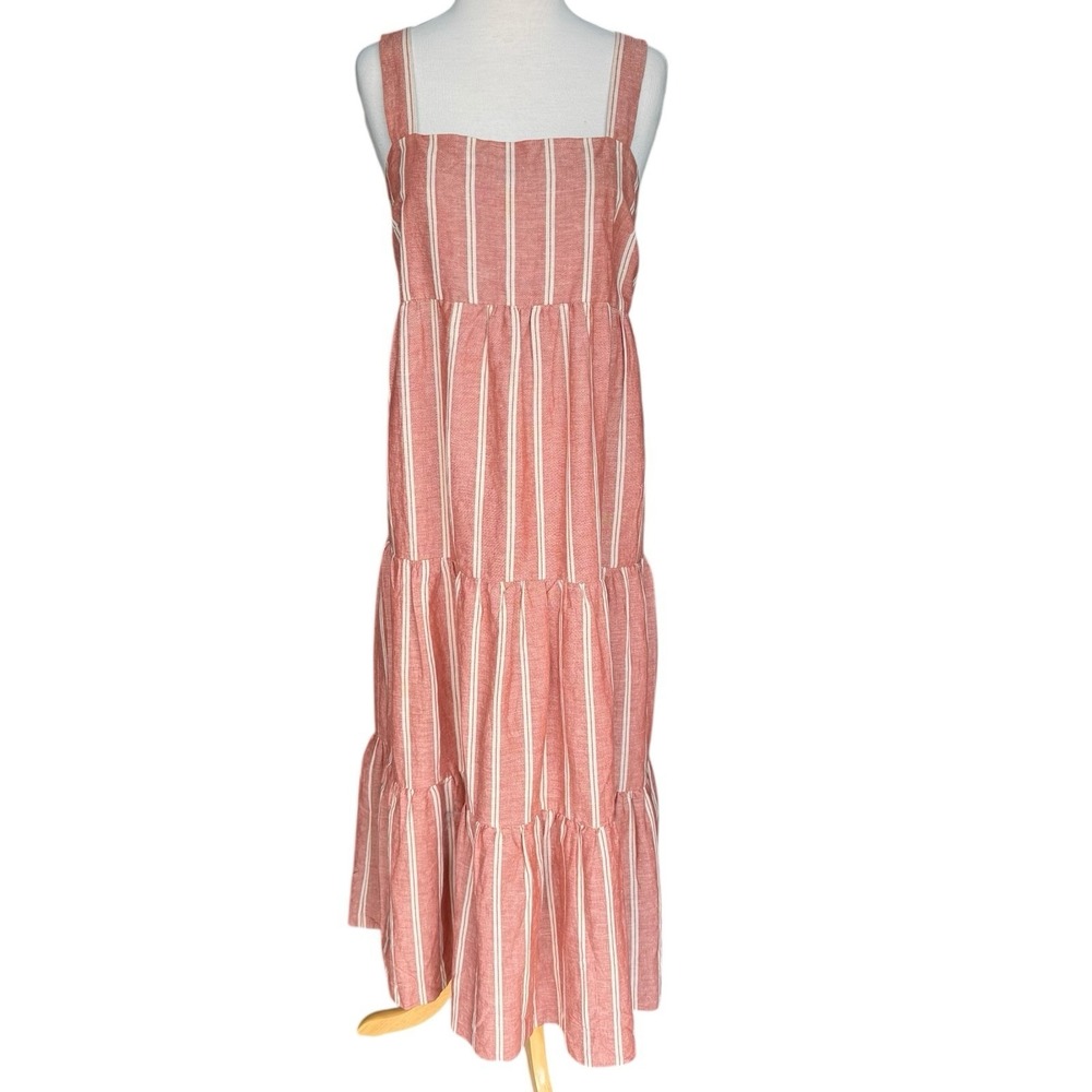 Madewell Seamed Tiered Midi Dress in Strip Double Rusty Torch Sz 8
